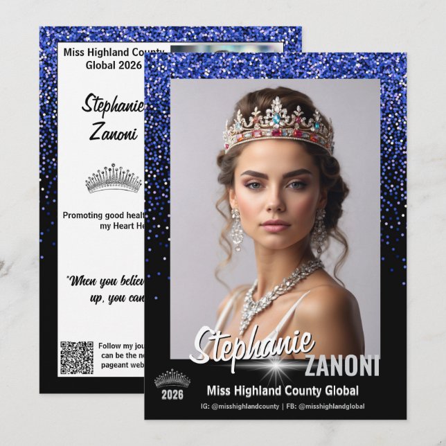 Pageant Autograph Card Royal Blue Glitter QR Code (Front/Back)