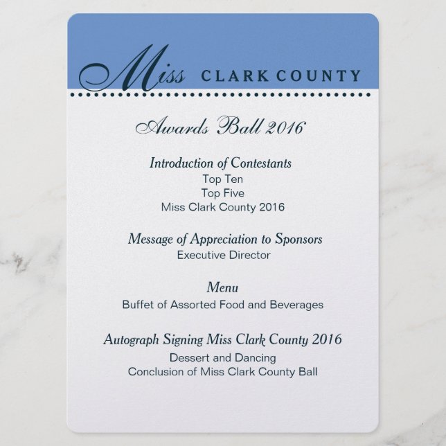 Pageant Awards Ball Program in Champagne Menu (Front)