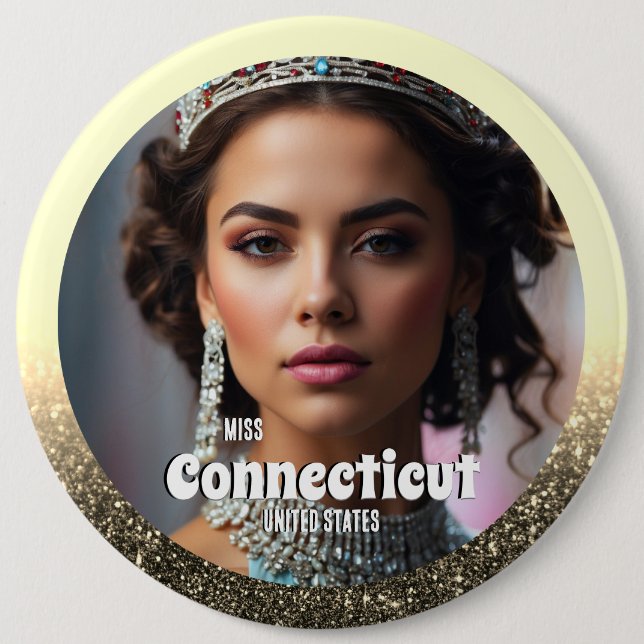 Pageant Button Pin - Black and Gold Glitter Glam (Front)