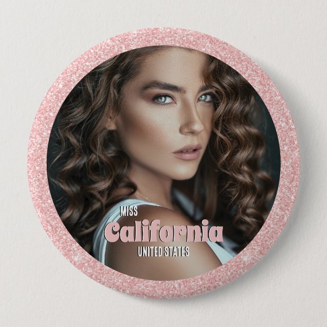 Pageant Button Pin | Photo with Glitter Background (Front)