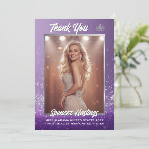 Pageant Thank You Card Silver Frame Purple Glitter