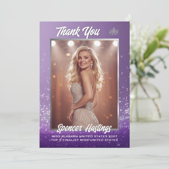 Pageant Thank You Card Silver Frame Purple Glitter (Standing Front)