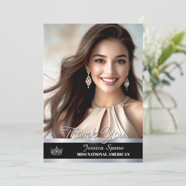 Pageant Thank You Cards Black & Silver Luxe Sash (Standing Front)