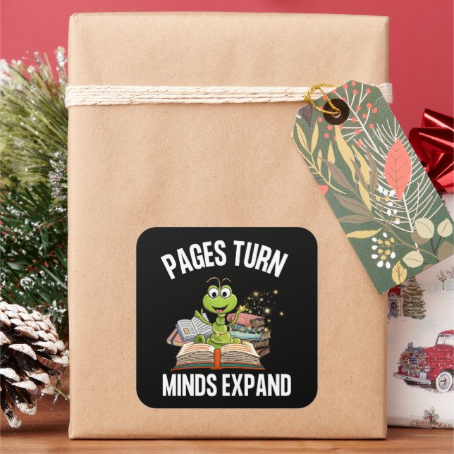 Pages Turn Minds Expand Bookworm Square Sticker (Holiday)