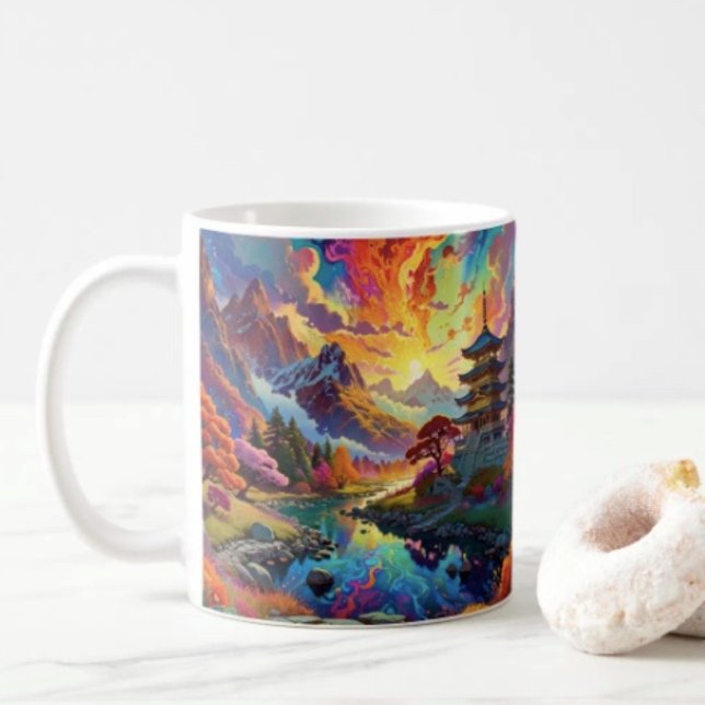 Pagoda and Coloured Landscape Coffee Mug (Vibrant Pagoda  Fantasy Landscape mug available in 11 oz & 15 oz. Microwave and dishwasher safe.)