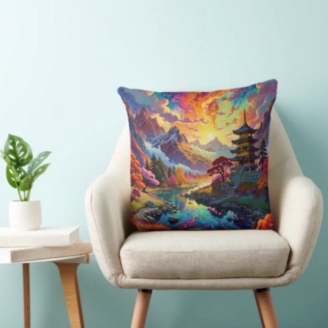 Pagoda and Coloured Landscape  Cushion (Vibrant Pagoda  Fantasy Landscape pillow high quality 100% polyester hidden zipper enclosure.)