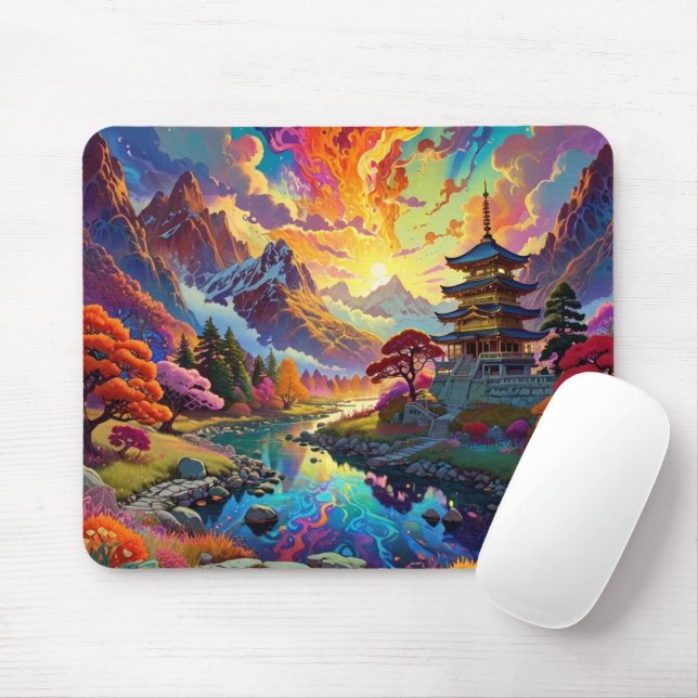 Pagoda and Coloured Landscape  Mouse Pad (With Mouse)