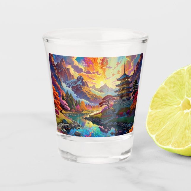 Pagoda and Coloured Landscape Shot Glass (Front)
