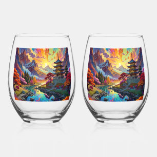 Pagoda and Coloured Landscape Stemless Wine Glass