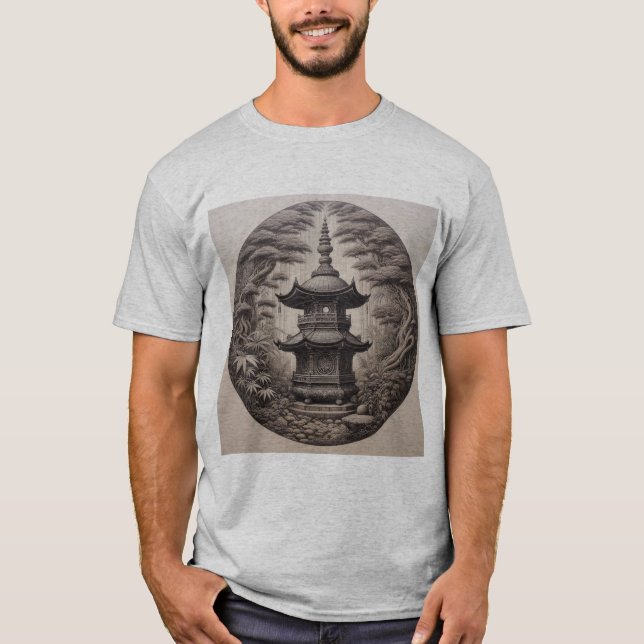 Pagoda Asiática en Bosque Tropical en Ilustración  T-Shirt (Front)