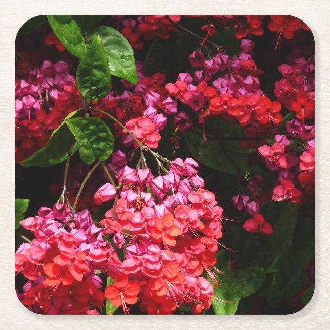 Pagoda Flowers Colourful Red and Pink Square Paper Coaster (Front)