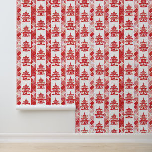 Pagoda Greek Key Stripe – Red Chinoiserie Wallpaper