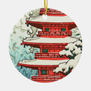 Pagoda in the Snow Kawase Hasui shin hanga art Ceramic Tree Decoration