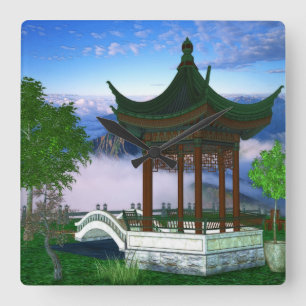 Pagoda Nature Landscape Fantasy Art Square Wall Clock