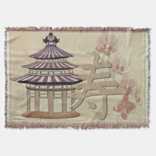 Pagoda Rose Mixed Media Oriental Throw Blanket