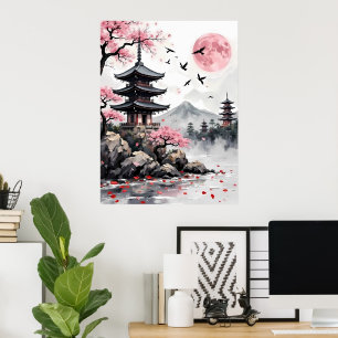 Pagoda Under a Pink Moon Poster