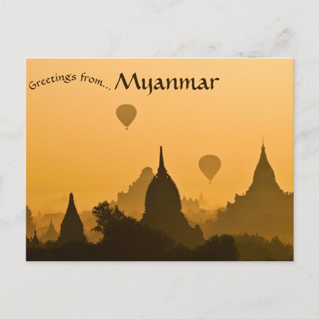 Pagodas and Balloons Sunset at Old Bagan Myanmar Postcard (Front)