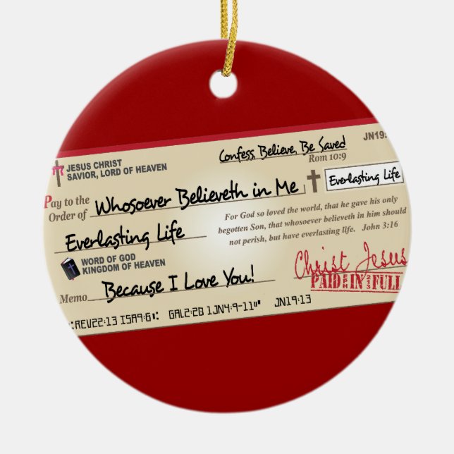 Paid in Full Saved by Jesus Check Ceramic Tree Decoration (Front)