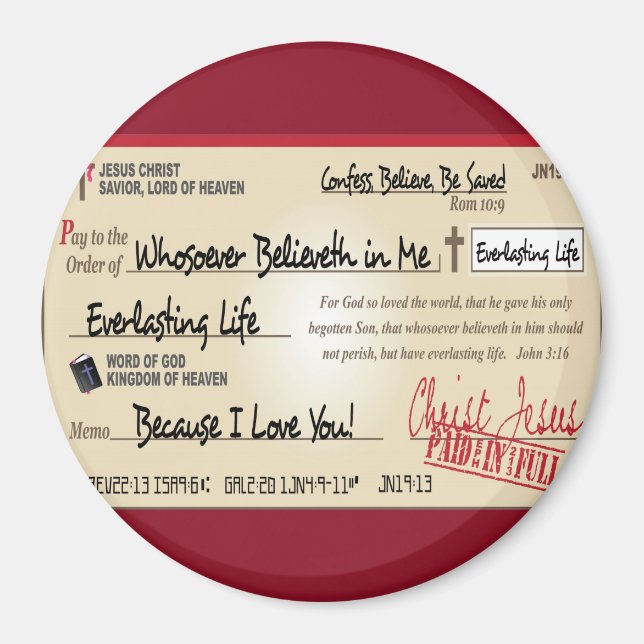 Paid in Full Saved by Jesus Check Christian Magnet (Front)