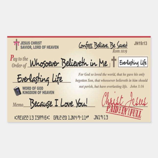 Paid in Full Saved by Jesus Check Christian Rectangular Sticker (Front)