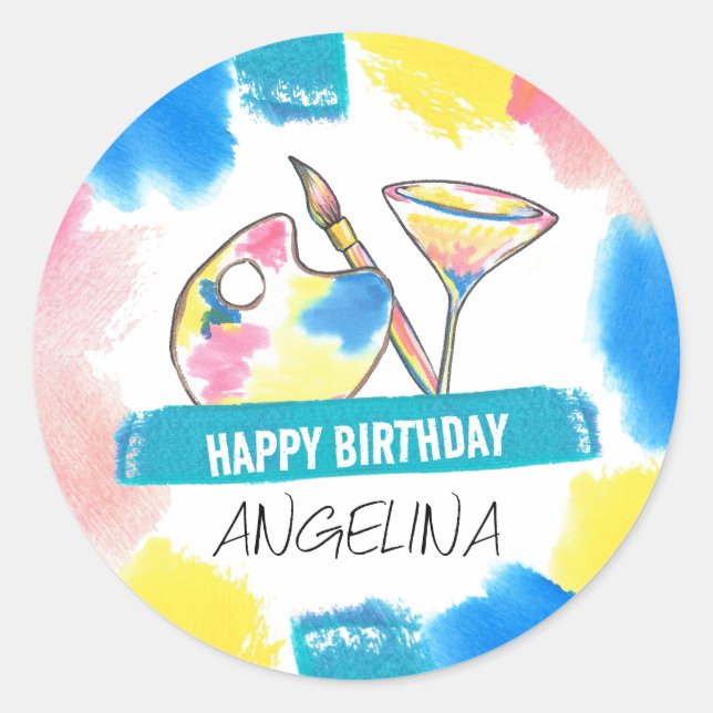 Paint and Sip Adult Birthday Painting & Wine Party Classic Round Sticker (Front)