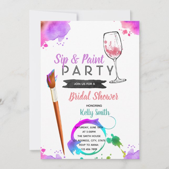 Paint and sip bridal shower party invitation (Front)