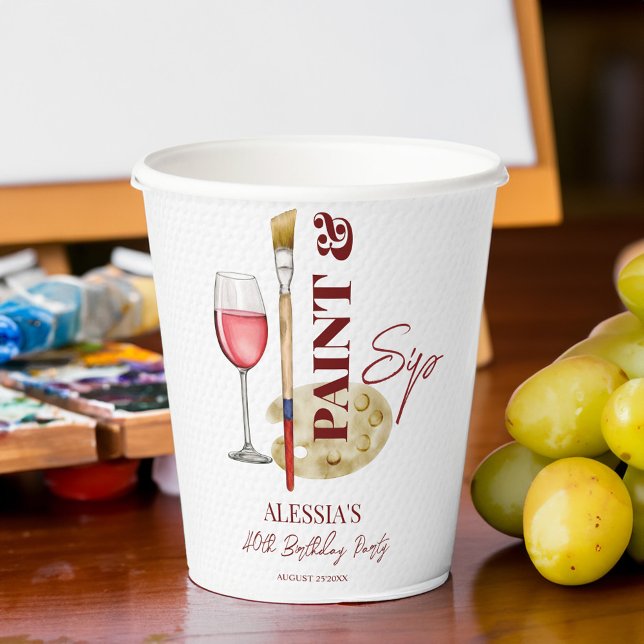 Paint and sip wine and art themed party template paper cups (Paint and sip wine and art themed adults party personalized printed paper cups template table decor)