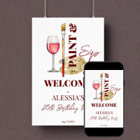 Paint and sip wine and art themed welcome sign