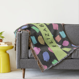 Paint Brush, Colourful Brush Strokes, Your Name Throw Blanket