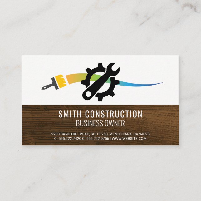 Paint Brush Wrench Gear | Wood Business Card (Front)