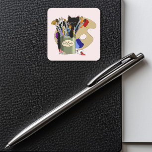 Paint Brushes Pallet Black Kitten Artist Square Sticker