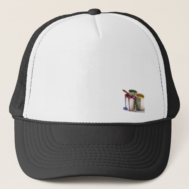 Paint Cans in Red Green Yellow Trucker Hat (Front)