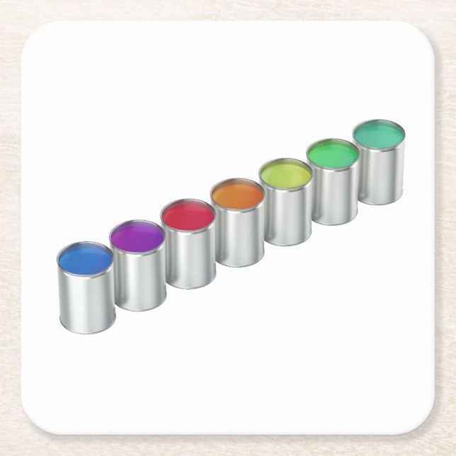 Paint cans with different colours square paper coaster (Front)