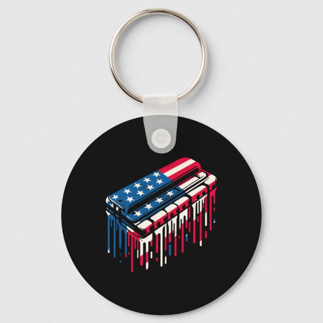 Paint Drip Harmonica American Usa Flag 4th Of July Key Ring (Front)