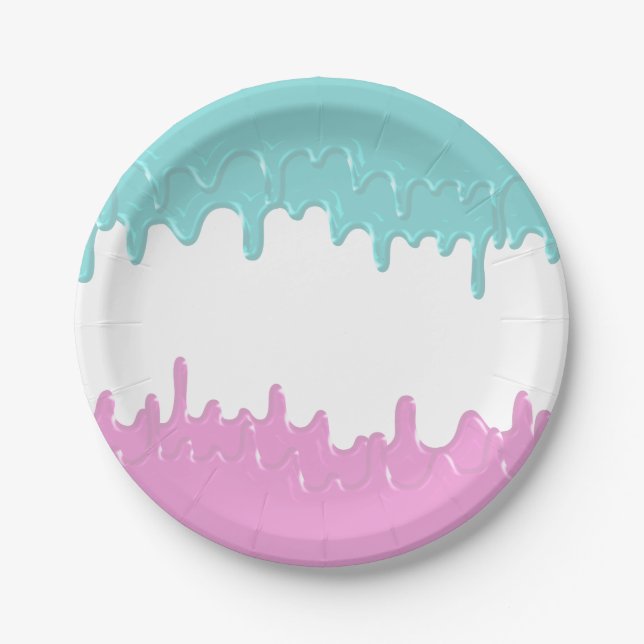 Paint Drips Gender reveal Pink Blue Paper Plate (Front)