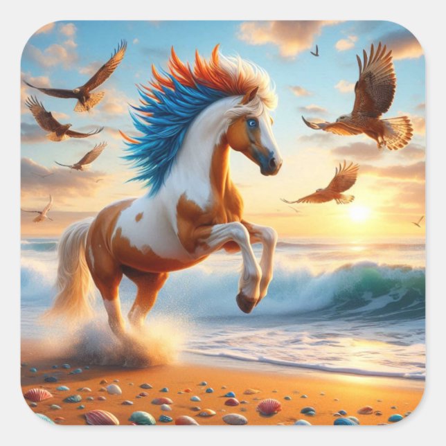 Paint Horse Hawks Ocean Square Sticker (Front)