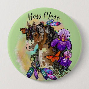Paint Horse Mustang with Iris and butterflies 10 Cm Round Badge