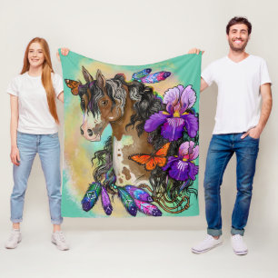 Paint Horse Mustang with Iris and butterflies Fleece Blanket