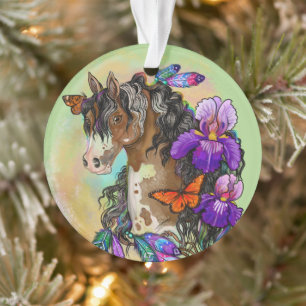 Paint Horse Mustang with Iris and butterflies Ornament