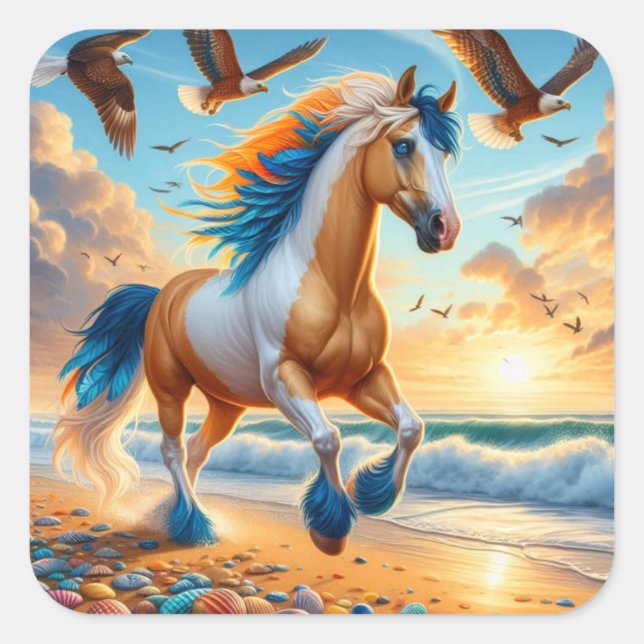 Paint Horse Ocean Eagles Square Sticker (Front)