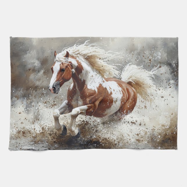 Paint Horse Running Through Water Tea Towel (Horizontal)