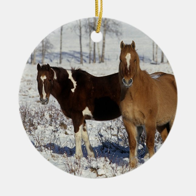 Paint Horses in the Snow Ceramic Tree Decoration (Front)