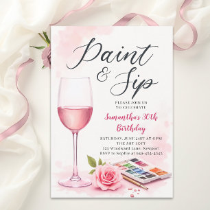 Paint Sip Wine Party Watercolor Chic 30th Birthday Invitation