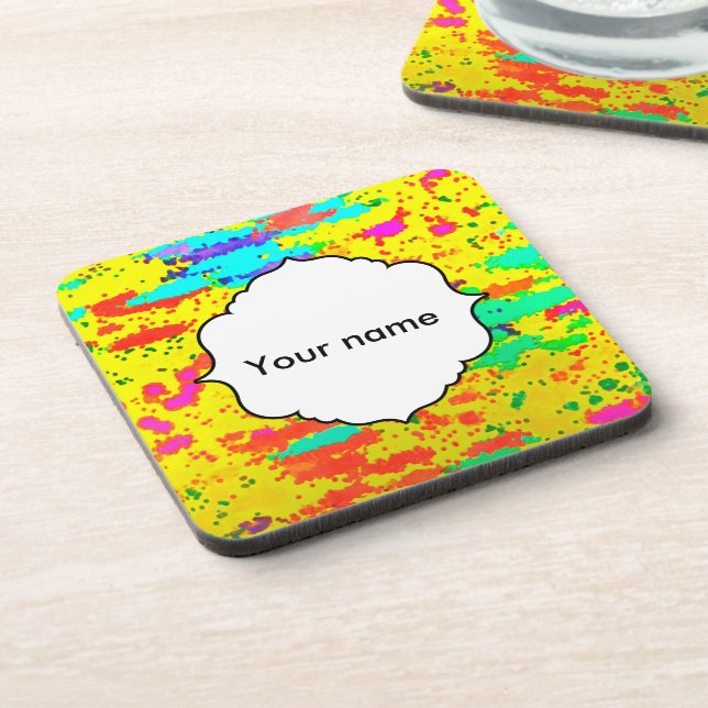 Paint splashes on a yellow background coaster (Left Side)