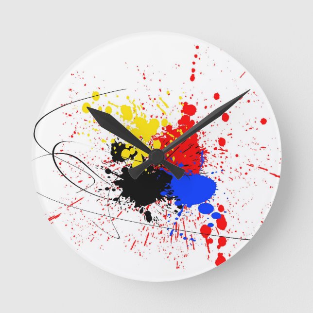 Paint Splatter Art Black Blue Red Yellow Round Clock (Front)