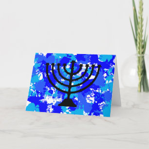 Paint Splatter Blue Menorah Holiday Card