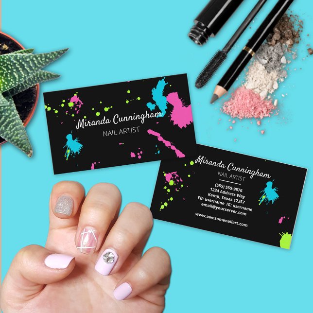 Paint Splatter Colourful  Nail Makeup Artist Black Business Card (Creator Uploaded)