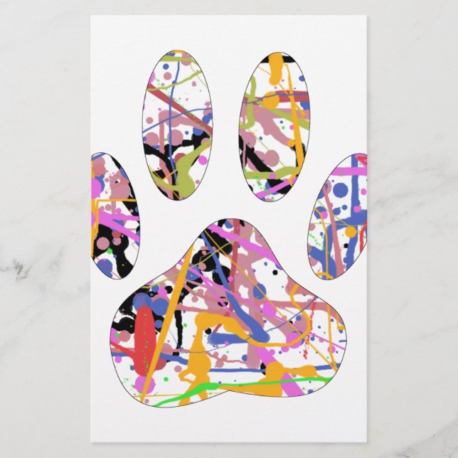 Paint Splatter Dog Paw Print Stationery (Front)