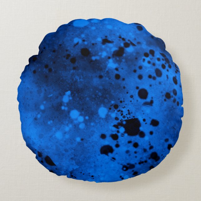 Paint Splatter effect Blue & Black Round Cushion (Front)