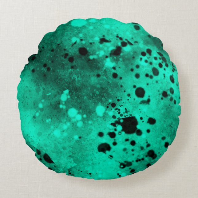 Paint Splatter effect Green & Black Round Cushion (Front)